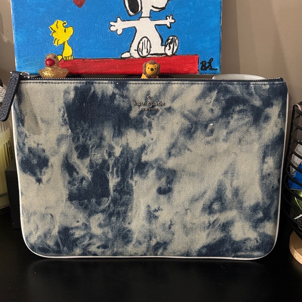 Kate Spade Tie‑Dye Denim Zip Pouch – Blue/White – NWT